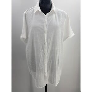 White Stag Women XL Arctic White Short Sleeve Textured Button Up Shirt Blouse